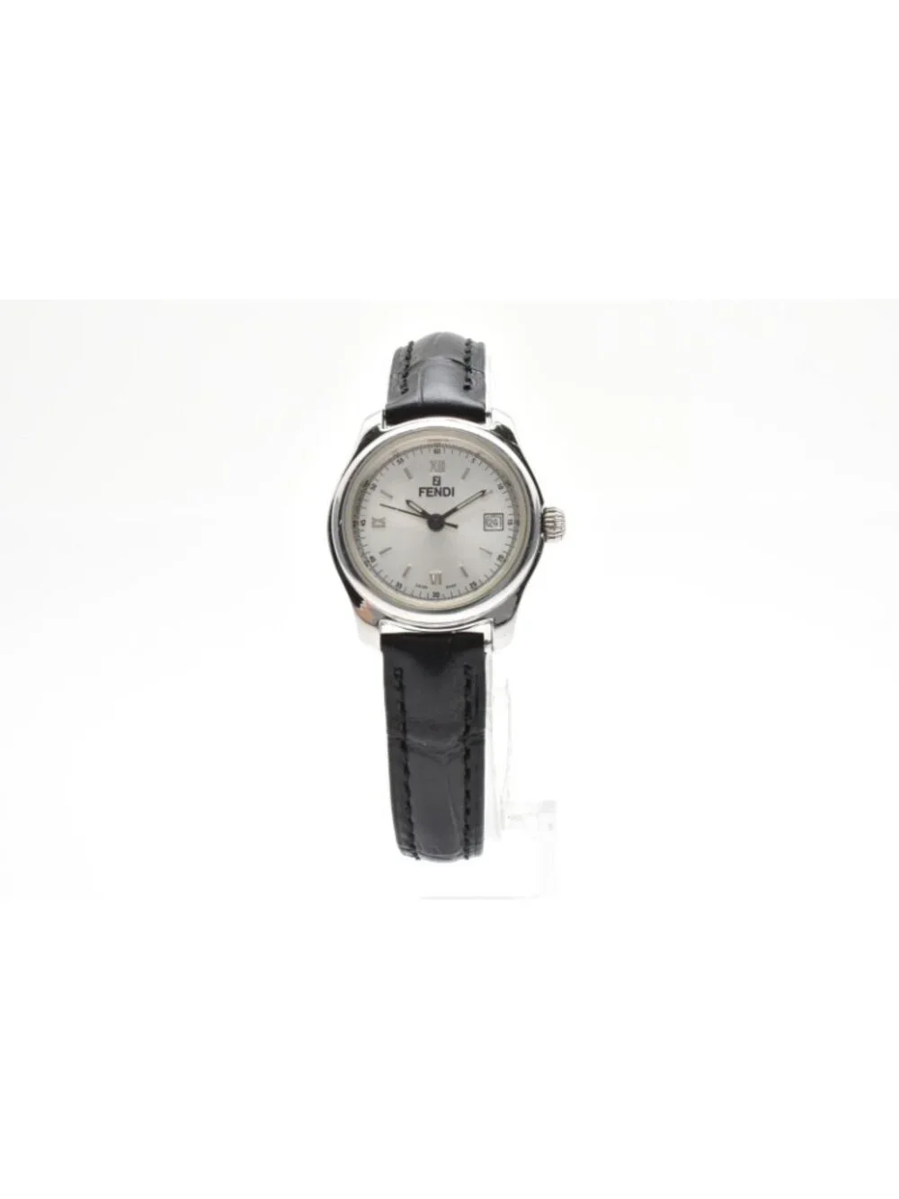 Fendi Quartz Watch Gray Dial Roman Numeral Date Stainless Steel Black Leather